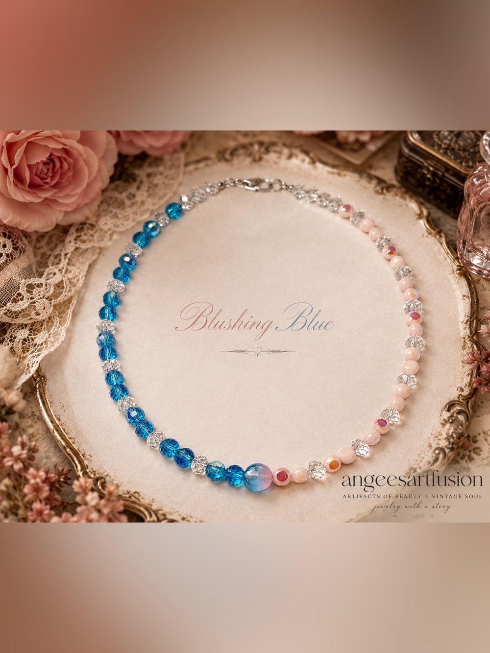 “Blushing Blue” Artisan Necklace Vintage German Glass OOAK 16”